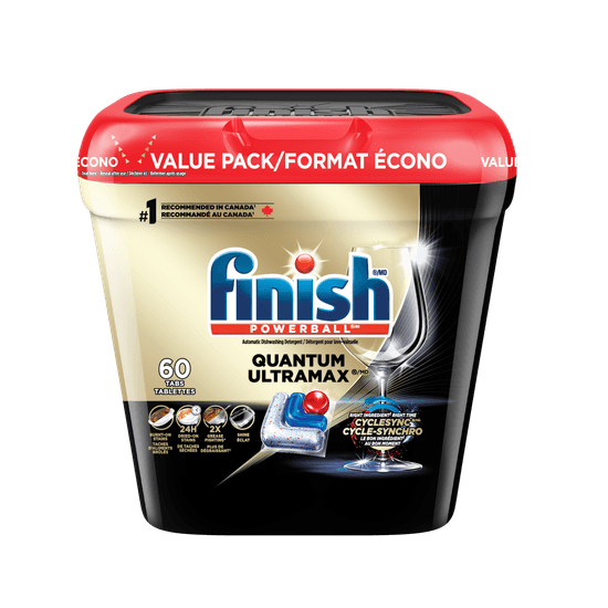 A container of Finish Powerball Quantum Ultramax dishwasher tablets. Features 60 tablets, a red Powerball image, and a sparkling wine glass.