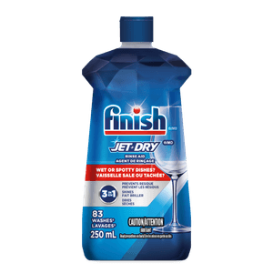 A 250 mL bottle of Finish Jet-Dry rinse aid with a bilingual blue and white design for drying and spot prevention.